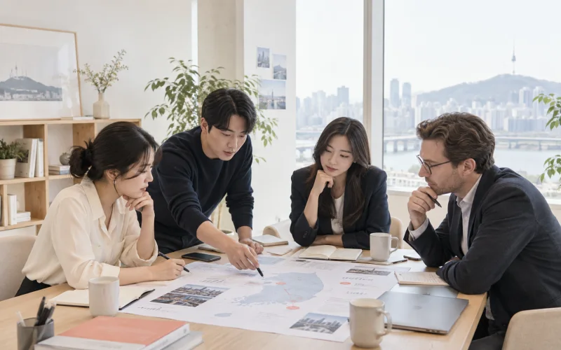 Representative photo of a Korean-led marketing team meeting with an international client in a bright studio in Seoul; illustrative image, not an actual SWIN team photo.